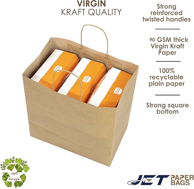 JET PAPER BAGS - Brown Paper Bags with Handles 11x7x12 Inch [25 Pcs] Prime for Takeout, Grocery, Goody, Retail, Party, Gifts, Weddings
