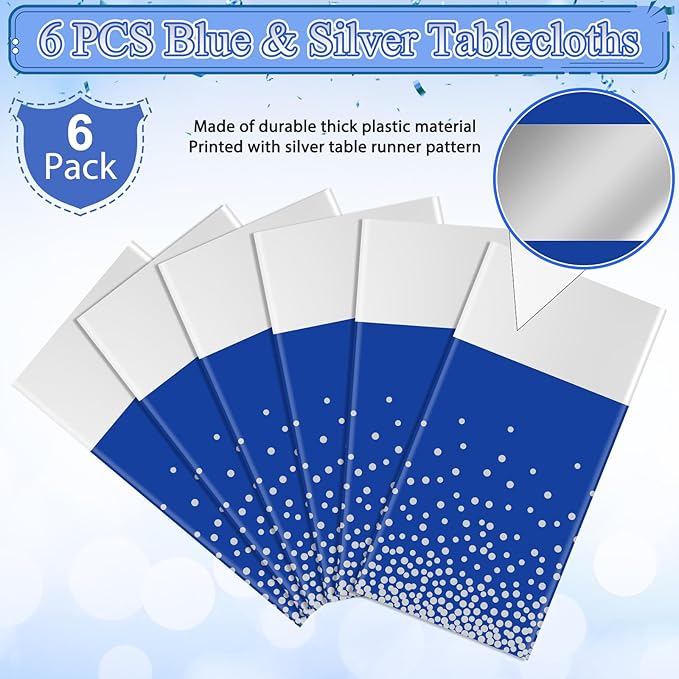 6Pcs Blue and Silver Tablecloth Party Decorations,Plastic Royal Blue Table Cloth Printed Silver Table Runner Disposable Rectangle Cover for Anniversary Wedding Graduation 2025 Party,54 x108 Inch