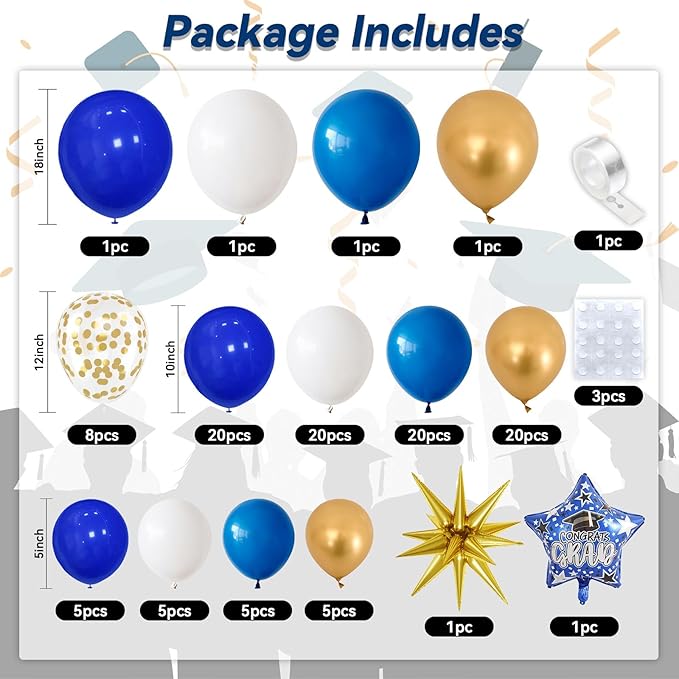 Blue Gold White Balloons Arch Kit with Explosion Star 4D Gold Foil Balloon Royal Blue White Golden Confetti Balloons Garland for Blue 2025 Graduation Decoration Birthday Baby Shower Party