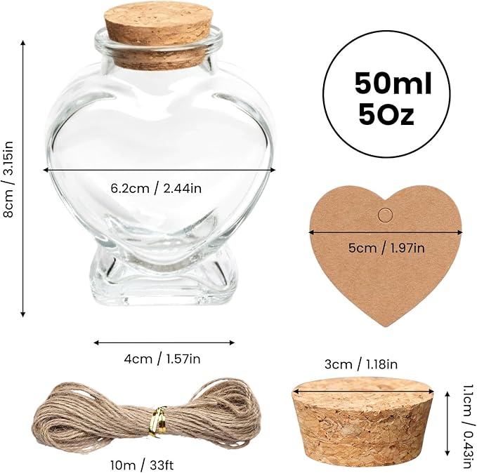 12 Pack 50ml Empty Clear Glass Heart-Shaped Bottles Decorative, Heart Glass Bottle with Cork Stopper, Labels & String, Magic Potion Bottles for Wedding Party, DIY Decoration & Wish Messages