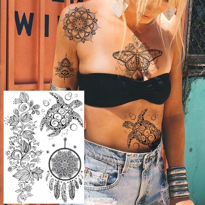 6 Sheets FANRUI Black Henna Temporary Tattoos For Women Lace Mehndi Mandala Flower Tatoos Ink Large Waterproof Lotus Fake Jewelry Pendant Butterfly Tattoo Stickers Kit Wedding Dreamcatcher Feather