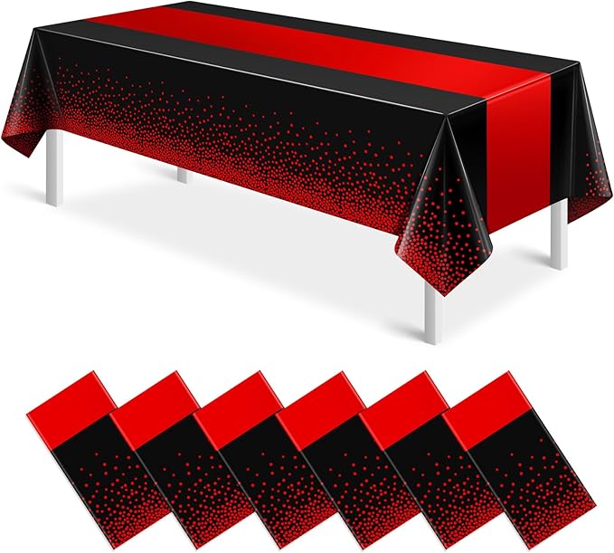 MASHAN 6Pcs Black and Red Tablecloth Party Decorations,Plastic Black Table Cloth Printed Red Table Runner Disposable Rectangle Cover for Birthday Weeding Anniversary Graduation Party,54 x108 Inch