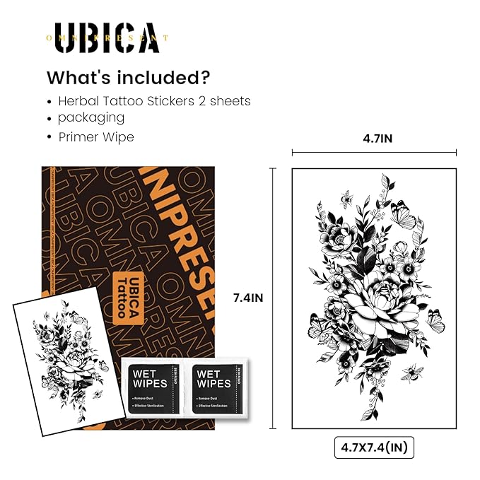 Semi Permanent Tattoos for Women, 2 Sheets Large Temporary Fake Tattoo, Lasts 7-15 Days Water-Resistant, Realistic Flower Design for Arm Thigh Back, Non-Reflective Body Art Stickers