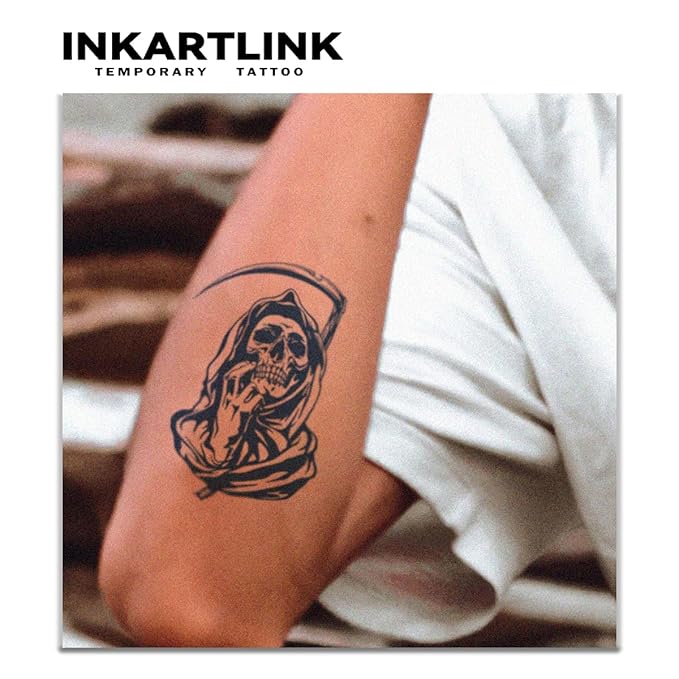 INKARTLINK Tattoo Tech, 2 Sheets Medium Semi Permanent Tattoo, Adult Art Design Temporary Tattoos, Lasts 1-2 Weeks, Waterproof, Realistic Look, No Adhesive, No Reflection (Grim Reaper Design)