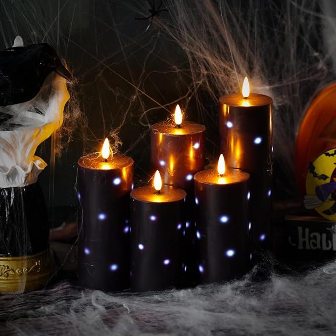 Flickering Flameless Candles with Remote Control and Timer Set of 5 Pc Real Wax LED Pillar Candles, Battery Operated Candles（D2.2×H5/5.5"/6"/7"/8"） Halloween Decorations Home Decor （Black）