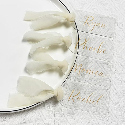 10Pcs Acrylic Place Card for Wedding Clear Transparent Acrylic DIY Table Seating Cards Wedding Supplies with White Ribbon