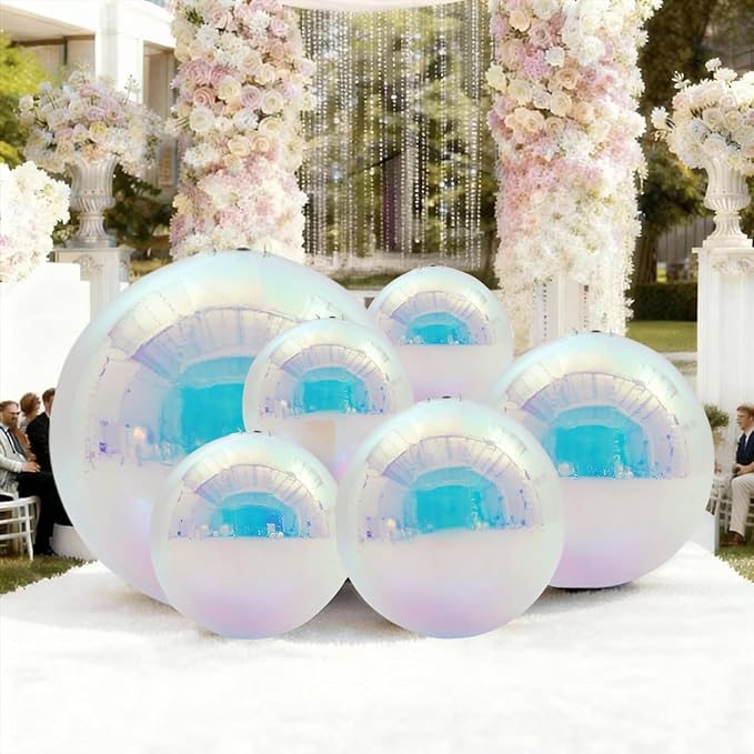 6PCS Iridescent Inflatable Mirror Ball,Big Shiny Balls Inflatable,Reusable PVC Mirror Balls,Large Hanging Balloon Disco Ball with Air Pump for Wedding Event Birthday Party Decor