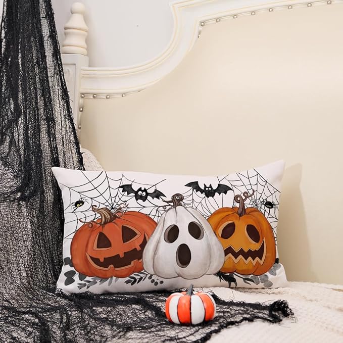 AACORS Halloween Pillow Cover 12X20 Set of 2,Pumpkin Jack-O'-Lanterns Bat Web Decoration Holiday Farmhouse Pillow Case Decor for Home Sofa Couch AA306-12-2