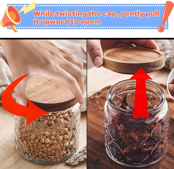 ANSQU 4 Pack Vintage Glass Storage Jar, 16.9 FL OZ Glass Canister Storage Jar Container with Airtight Wooden Lid for Kitchen Counter, Pantry, Coffee, Tea, Sugar, Cookie Jars (Begonia&Sunflower)