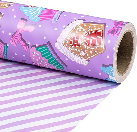 RUSPEPA Christmas Reversible Wrapping Paper Roll for Kids Girls, Mini Roll, Purple Gingerbread Cookies, Candy Canes and White Purple Stripes Ideal for Holiday Gifts, Christmas, 17 Inches x 16.4 Feet