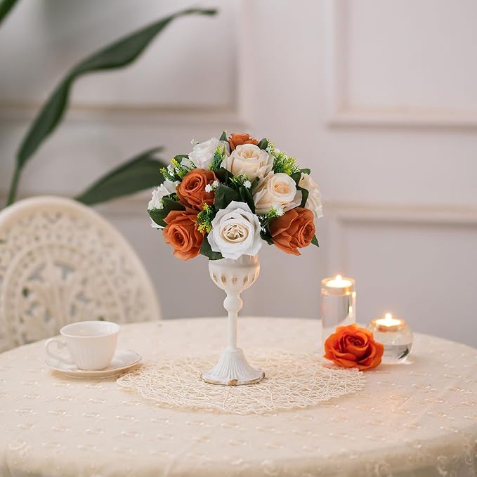 BLOSMON Terracotta Flowers for Wedding Centerpieces: 6 Pcs Fake Rose Kissing Balls Fall Table Decor - Artificial Silk Bouquet with Base Floral Arrangements Home Party Room DIY Decorations