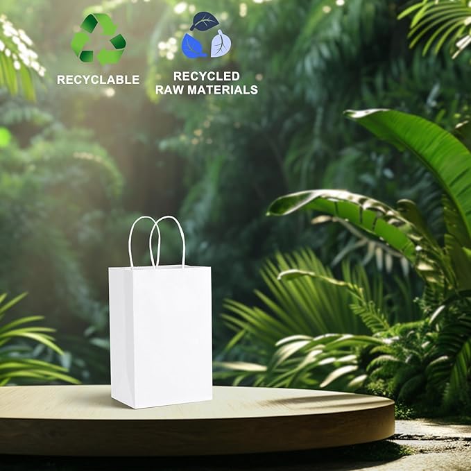 METRONIC Gift Bags 5.25x3.75x8 100Pcs, White Paper Bags with Handles, Kraft Paper Bag for Small Business, Paper Bag for Birthday Party Favors, Shopping