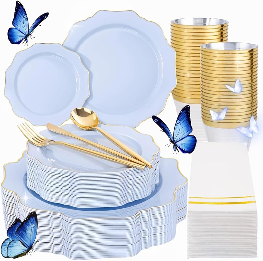 WDF 175Pcs Blue Plastic Plates - Heavy Duty Baby Blue Plates Disposable - 25Guests Plastic Dinnerware Ideal for Parties/Wedding/Baby Shower