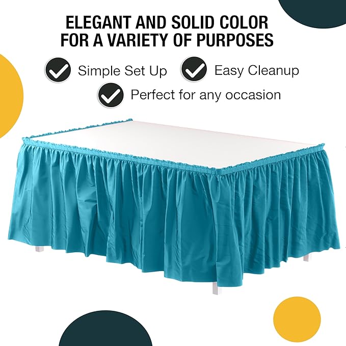 Exquisite Ruffle Table Skirt Turquoise 6 Pack 14 Ft Long for Rectangle 6ft Plus or Round Tables With Adhesive Strip for Gender Reveal Decor & Happy Birthday Parties