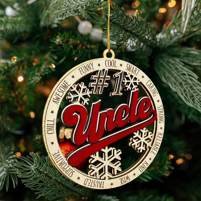 #1 Uncle Wooden Christmas Ornament – Best Uncle Holiday Tree Hanging Decoration, Rustic Family Xmas Gift with Snowflakes & Words