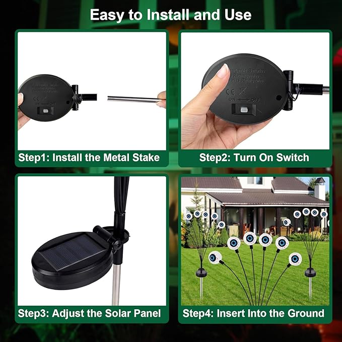 AIKEI Halloween Solar Lights - 4 Pack 24 LED Eyeball Outdoor Waterproof Firefly Decoration for Pathway, Patio, Yard, Garden, Party - Green