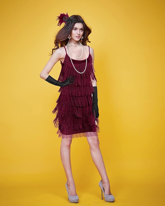 Zhanmai 6 Pcs Flapper Dress Flapper Costumes for Women 1920s Accessories Set Headband Pearl Necklace Earrings Gloves Stick