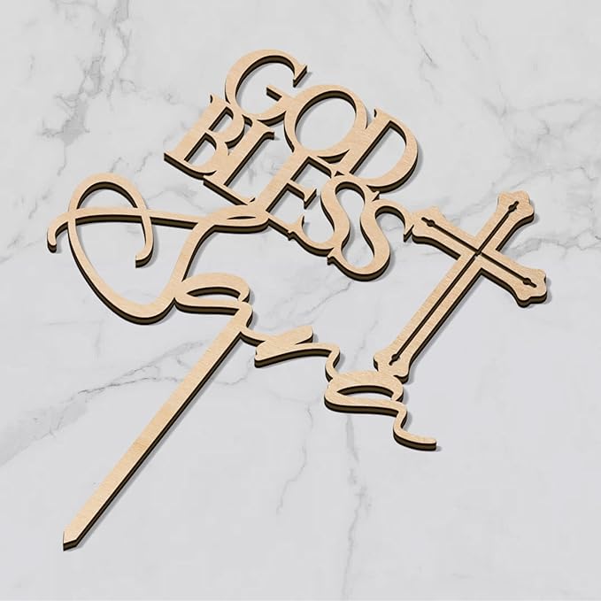 Personalized Baptism Cake Topper in Wood Custom God Bless Cake Topper Christening Communion Cake Decoration (Design 03)