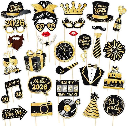 30 PCS New Year Photo Booth Props 2026 New Year Eve Photo Booth Props 2026 Happy New Year Decorations New Year’s Eve Party Supplies Favors for Pictures