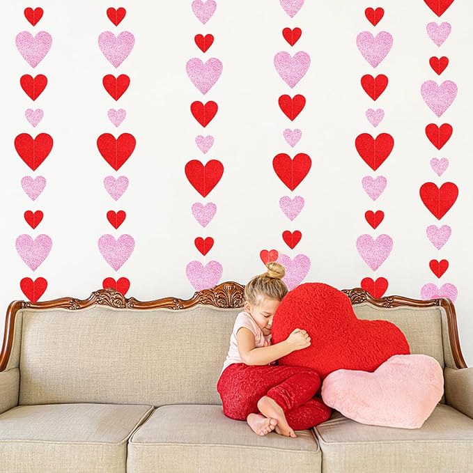 Galentines Party-Decorations Heart Garland - 6pcs Glitter Pink Red Love Hanging Streamers,Romantic Special Night Baby Shower Wedding Anniversary Ceiling Banner Backdrop Decor Burgleda