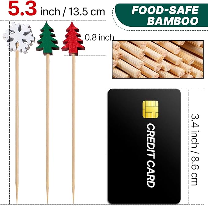 PuTwo Christmas Cocktail Picks 4.7 Inch 100pcs Bamboo Fancy Skewers Toothpicks for Appetizers Food Drink Fruit Sandwich BBQ Christmas Cocktail Party Charcuterie Boards Accessories Party Supplies