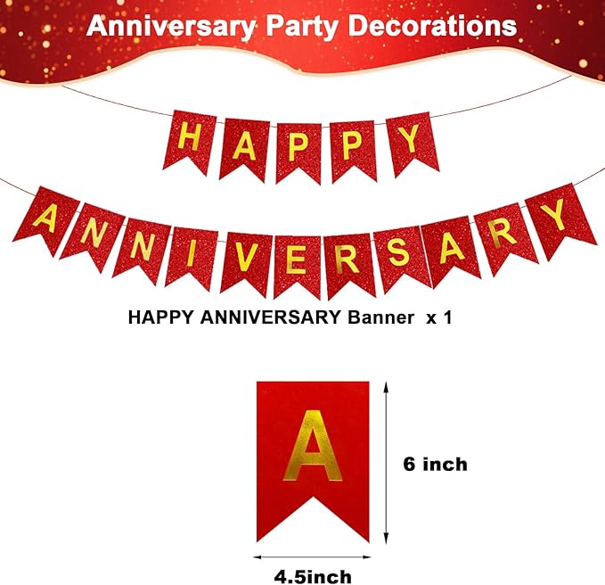 Happy Anniversary Banner Balloons Wedding Love Party and Background Indoor Outdoor Decorations (Glitter Red)