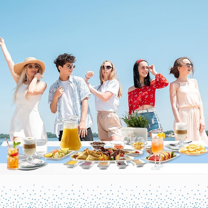 WNINK 4 Pack White and Light Blue Tablecloths, Light Blue Disposable Plastic Waterproof Table Cover, 54" x 108", for Birthday, Baby Shower，Wedding, Bridal Shower, Picnic Camping Parties