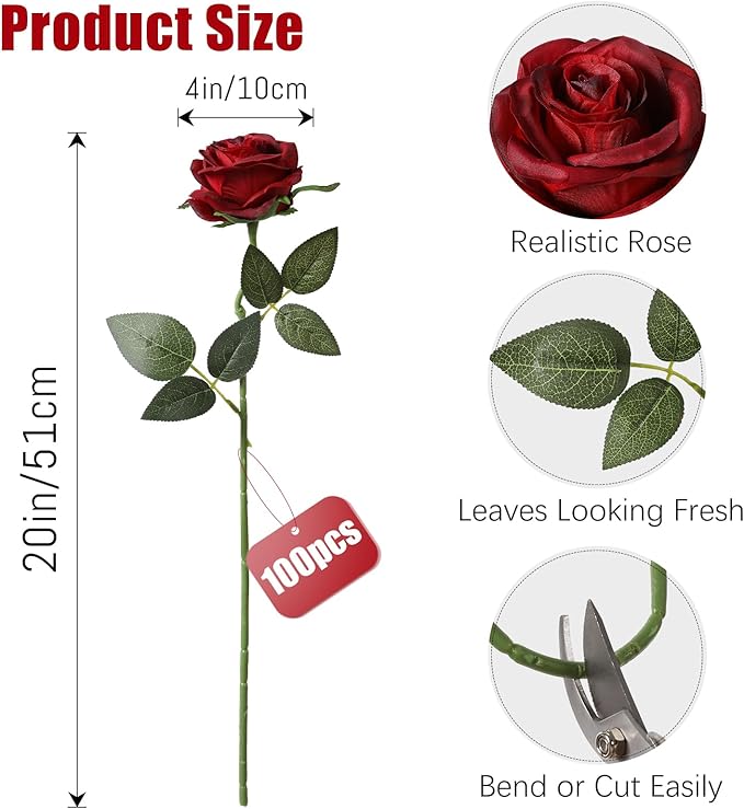 Tifuly 100 Pcs Red Roses Artificial Flowers Bulk, Realistic Long Stem Fake Silk Roses Bouquet for Wedding Centerpiece Table Vases Party Home Kitchen Decor（Burgundy）