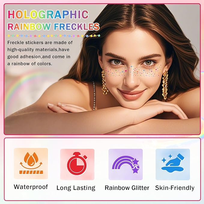 10 PCS Multi-color Glitter Freckles Facs Tattoos, Rainbow Freckles Makeup Patches, Long Lasting Glitter Temporary Tattoos for Halloween Christmas Party