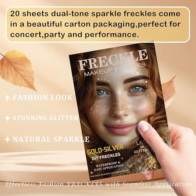 20 Pcs Gold and Silver Face Makeup Patches, Gold and Silver Glitter Freckles Face Tattoos, Sparkle Makeup Patches, Waterproof Face Temporary Tattoos for Women