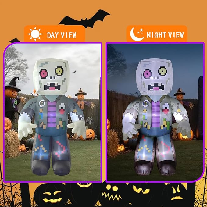LANGXUN 8ft Pixel Zombie 2025 Halloween Inflatable Decoration - Giant Blow-Up Outdoor Indoor Cute Skeleton Ghost Yard Decor with LED Lights for Lawn, Garden, Patio Party Display