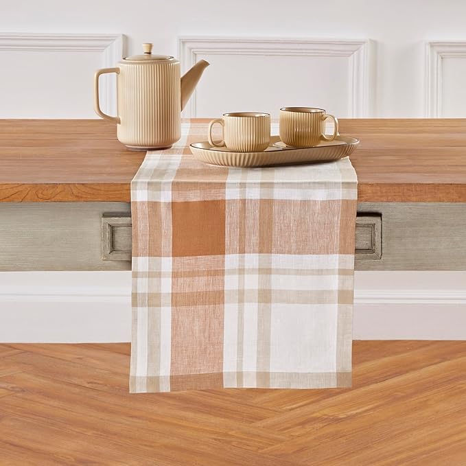 Solino Home Linen Table Runner 90 Inches Long - 100% Pure Linen Fall Harvest Plaid Table Runner 14 x 90 Inch for Dining, Autumn, Thanksgiving, Holiday