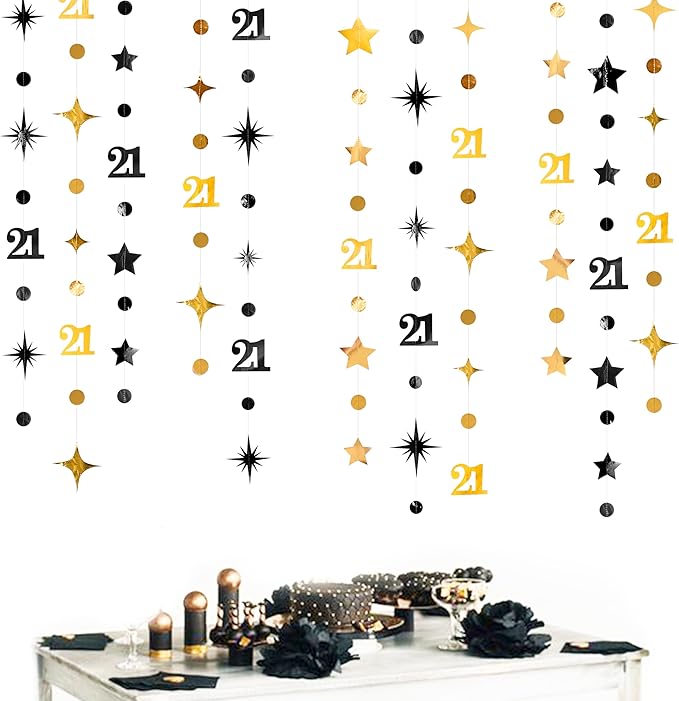 Black Gold 21st Birthday Decorations Number 21 Circle Dot Twinkle Star Garland Hanging Streamer Banner Backdrop for Girls Boys Cheers to 21 Years Finally Legal Bday 21st Anniversary Party Supplies