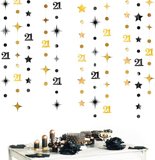 Black Gold 21st Birthday Decorations Number 21 Circle Dot Twinkle Star Garland Hanging Streamer Banner Backdrop for Girls Boys Cheers to 21 Years Finally Legal Bday 21st Anniversary Party Supplies