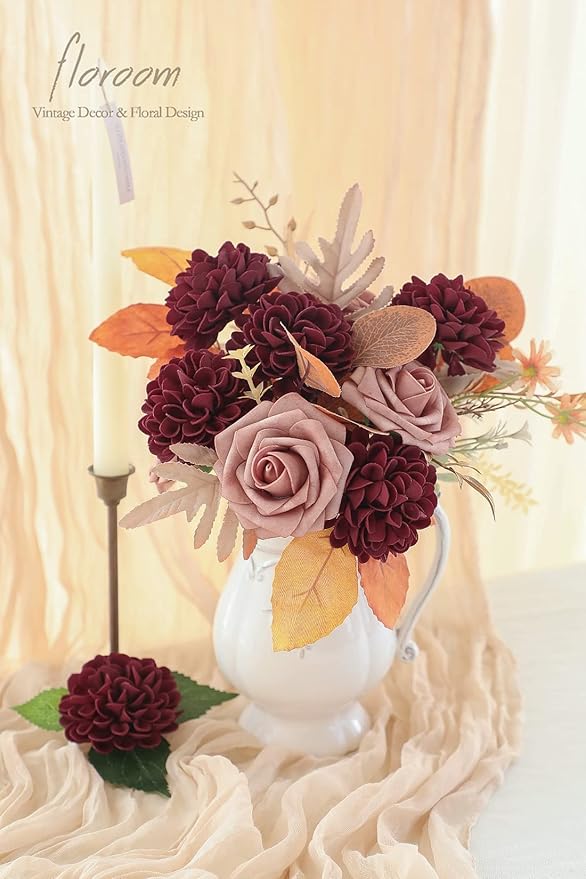 Floroom Artificial Dahlia Flowers 25pcs Real Looking Burgundy Foam Fake Roses with Stems for DIY Wedding Bouquets Dark Red Bridal Shower Centerpieces Floral Arrangements Party Tables Home Decoration