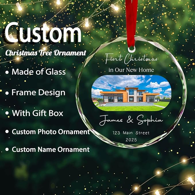 Personalized Round Christmas Crystal Glass Ornaments Custom 2025 Xmas Ornament for Christmas Tree Decor Customized First Christmas in New Home Tree Hanging
