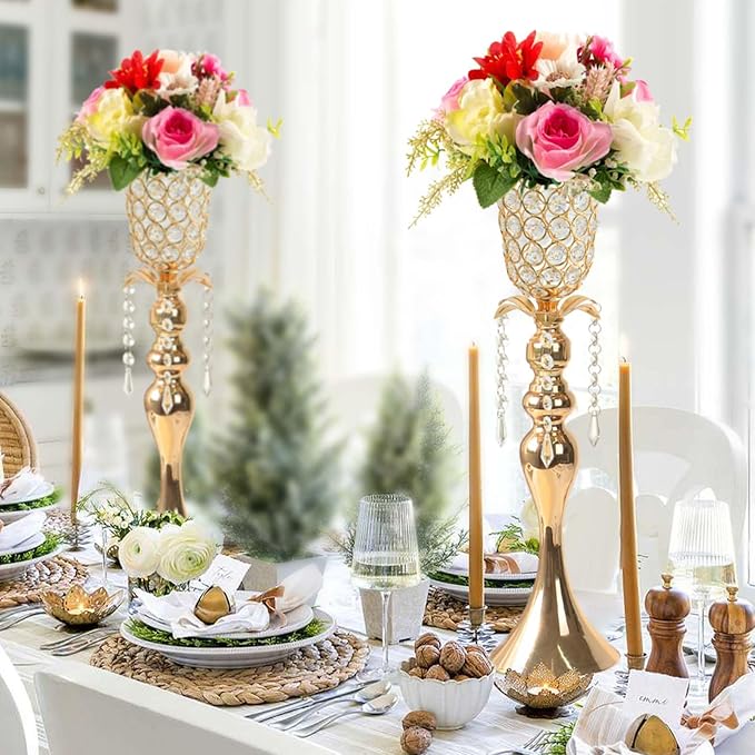 6Pcs Gold Crystal Metal Vase Set - Tulip & Trumpet Wedding Centerpieces, Artificial Flower Arrangement Vases Bulk for Home Decor, Restaurant Table Displays