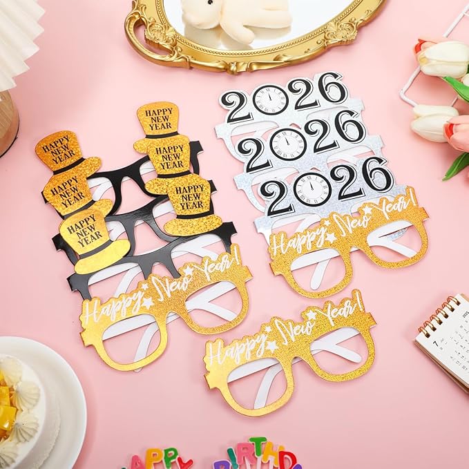PRETYZOOM 9 Pack 2026 Happy New Year Glasses, 3 Colors Nye Party Favors Supplies, Holiday Eyewear Sunglasses, Photo Booth Props, New Years Eve Decorations Accessories Gifts