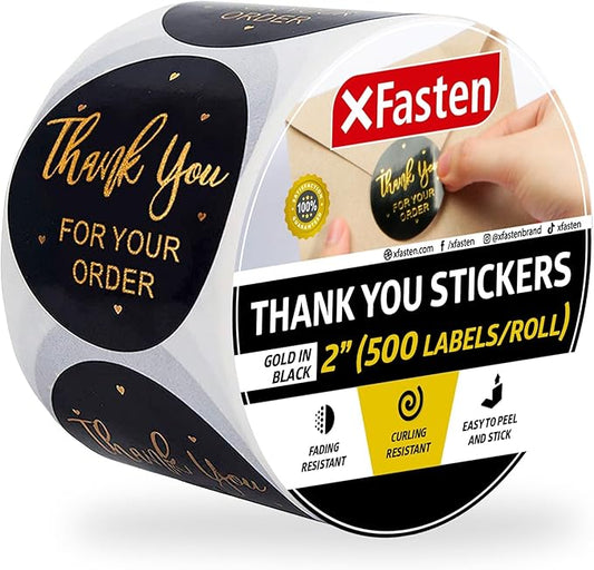XFasten 2" Thank You Stickers Roll, 500 Gold Foil Round Sticker Label Per Roll, Black | Thank You Stickers Small Business Supplies | Round Thank You Sticker Tags for Shipping | Microwave-Safe