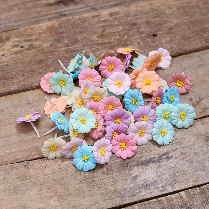 Artificial Handmade Lovely Blossom Mulberry Paper Craft Flowers, Scrapbooking 50 Pcs (Pastels Tone)