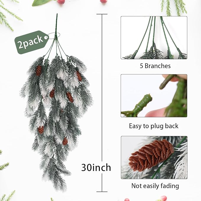 RECUTMS Hanging Artificial Greenery Artificial Pine Needle Branches Green Plant Pine Needle Accessories Faux Outdoor Plants Hanging Teardrop Christmas swags for Christmas Home Decoration(White)