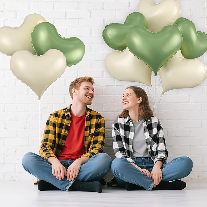 Green Cream White Heart Balloons,24Inch Heart Foil Balloons for Valentine's Day Birthday Wedding Baby Shower Anniversary Party Decorations