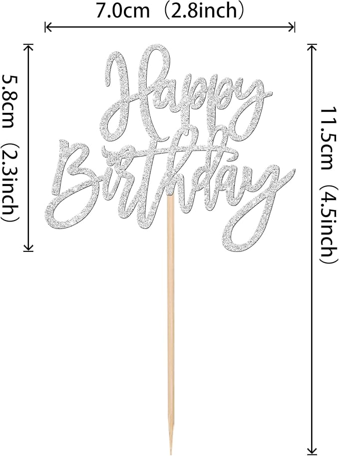 24 PCS Glitter Cupcake Toppers - Silver Happy Birthday & Anniversary Picks