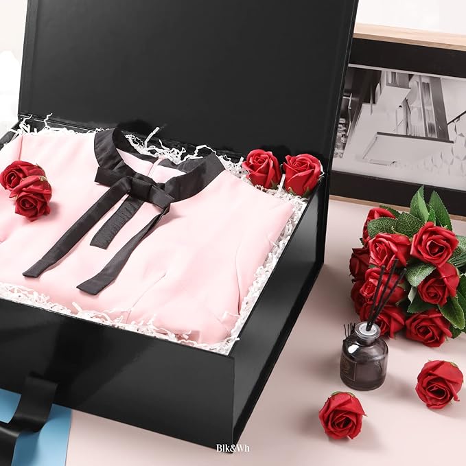 BLK&WH Extra Large Gift Box with Ribbon - 16.3x14.2x5 Inches, Black Groomsman Proposal Box for Large Gifts and Clothes (Glossy)