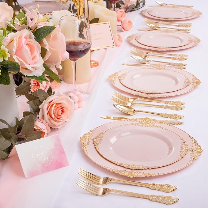 125PCS Pink and Gold Plastic Plates - Pink Disposable Plates - Vintage Plate with Gold Plastic Silverware Set for 25 Guests for Weddings Parties