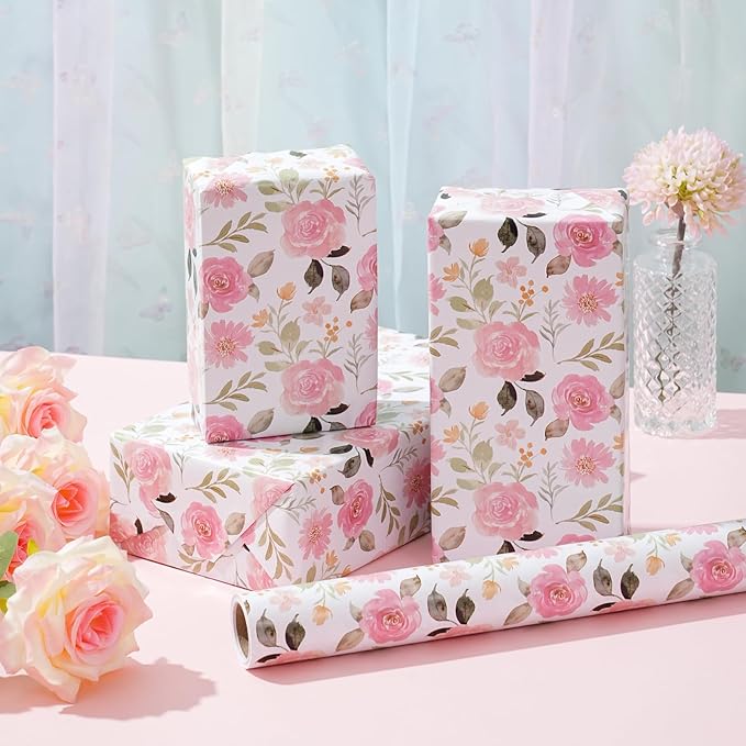 ZINTBIAL Pink Floral Wrapping Paper Roll - Watercolor Roses and Light green leaves Design, 17 Inches x 16.5 Feet, Gift Wrap for Wedding, Bridal Shower, Birthday, Mother's Day, Cut Lines on Back