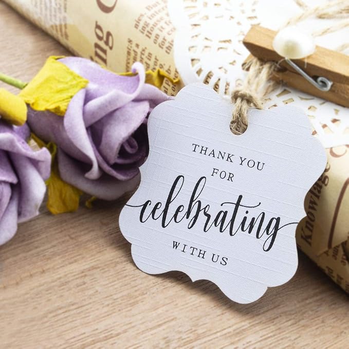 Summer-Ray 50pcs Elegant Square Thank You for Celebrating with Us Favor Tags Wedding Gift Tags (White)