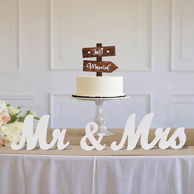Rustic Wedding Decoration Set Just Married Cake Topper & 12 PCS Cupcake Toppers & Banner & Mr Mrs Table Sign in Wood