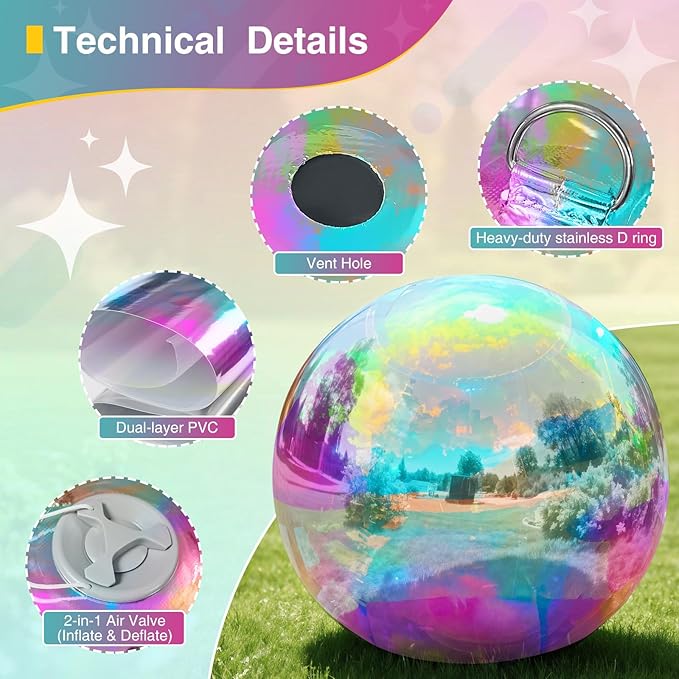 Inflatable Mirror Ball,Reusable Mirror Ball Large Event Decoration PVC Disco Ball for Party, Concerts, Stage, Wedding Decorations - No Pump Included(Iridescent, 1pcs：0.6m)