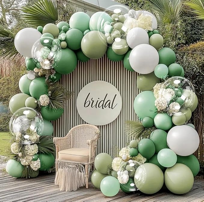 Green White Balloons Double Stuffed Dusty Green Bobo Pearl Balloon Arch Kit Latex Light Olive White Balloon Garland for Bridal Shower Birthday Baby Shower Wedding Anniversary Baptism Decor